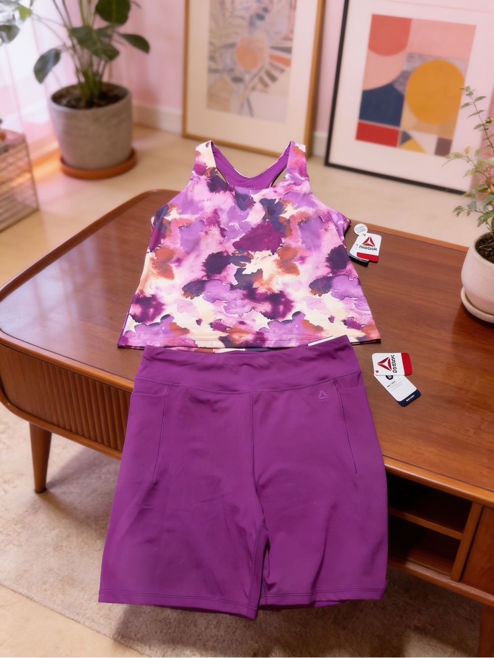 Reebok womens Purple Active Tank & Shorts Set - Watercolor Print